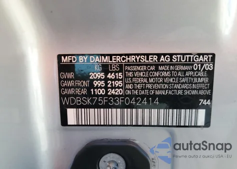 2003 Mercedes-Benz Sl 500R из США, поврежденный, VIN WDBSK75F33F042414